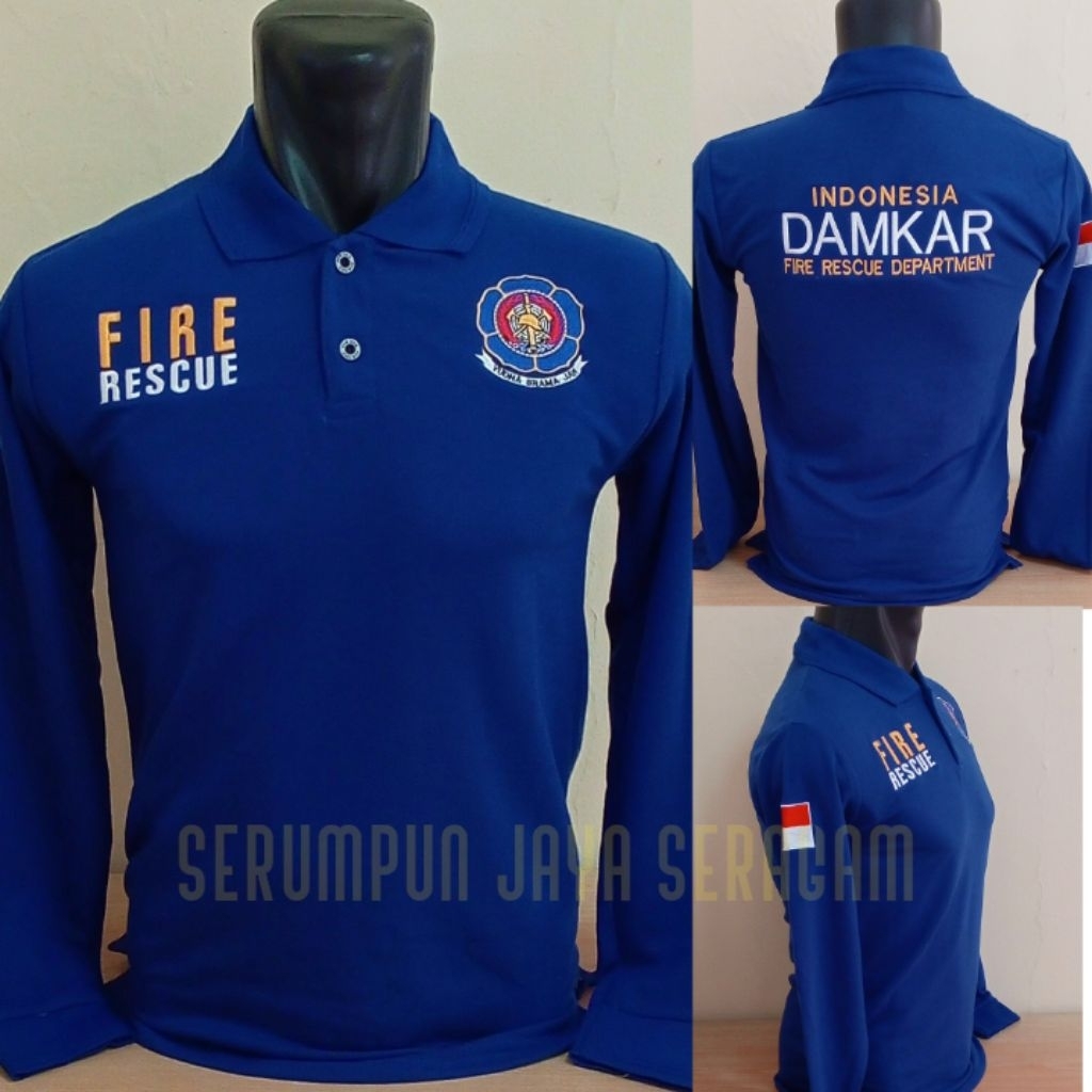 KAOS DAMKAR BIRU LENGAN PANJANG FULL BORDIR - KAOS KERAH DAMKAR BIRU BORDIR - KAOS DAMKAR BIRU PANJA