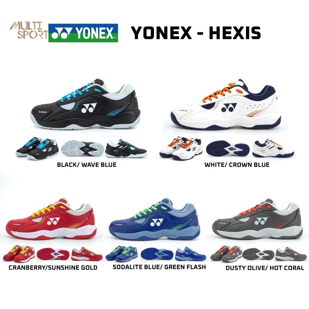 YONEX HEXIS WHITE/CROWN BLU HEXI02, BLACK/WAVE BLUE HEXI16, D.OLIVE/H.CORAL HEXI57, CRANBERRY/SUNSHI