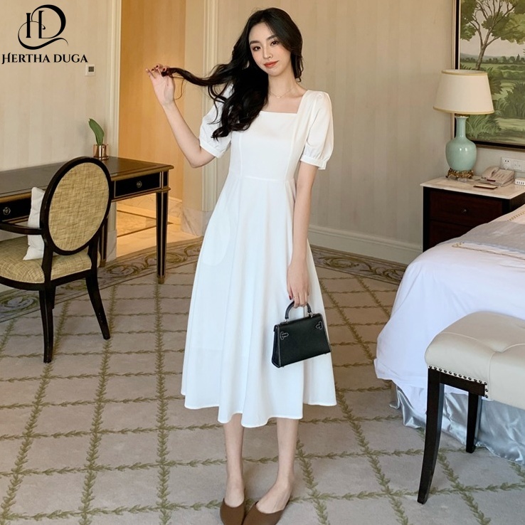 Hertha Duga baju midi dress putih panjang natal wanita kekinian muslimah korea style import kondanga
