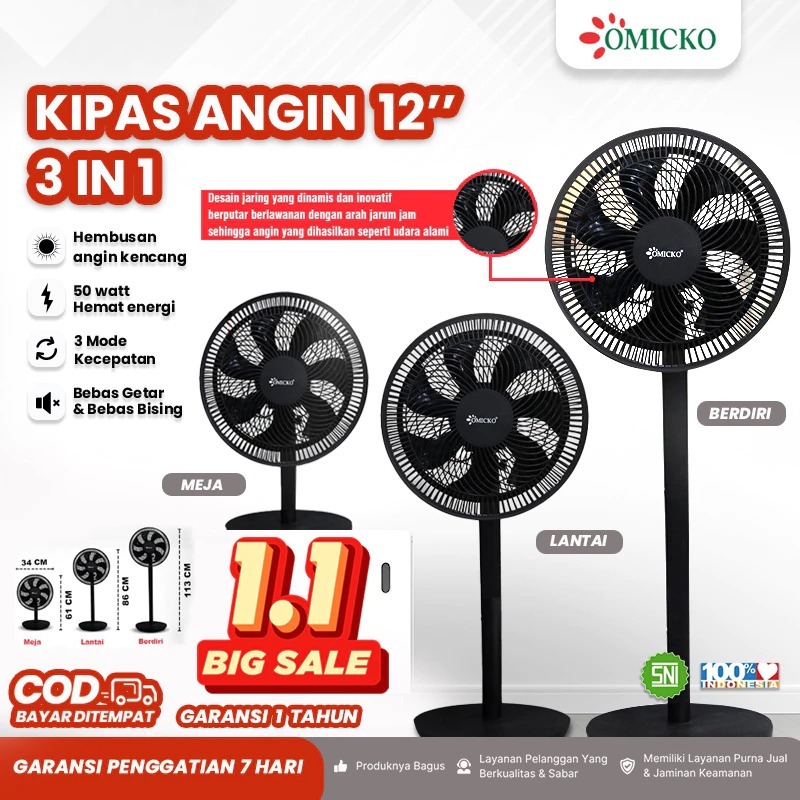 Kipas Angin OMICKO KA-1233  12 Inch 3in1 ,Omicko STANFAN– Kuat, Hemat Listrik, Bisa Meja/Lantai/Berd