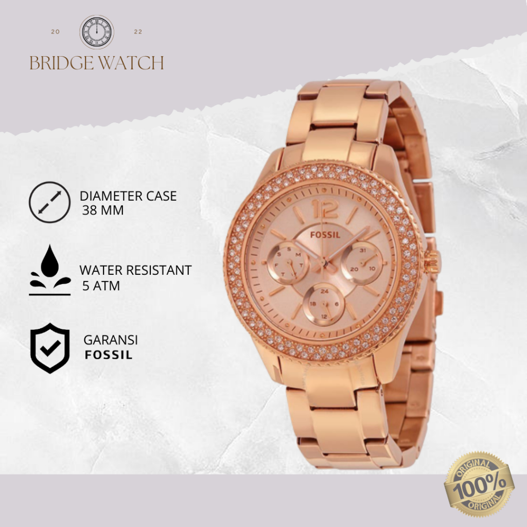 Jam Tangan Wanita Fossil Stella ES3590 Chronograph Rosegold Stainless Steel Mewah Original