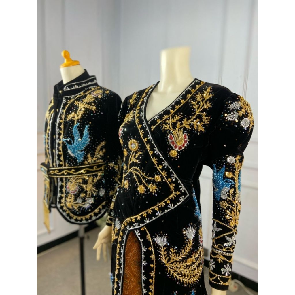 [Luxury Bludru] Kebaya Pengantin Bludru Ngekor JANGGAN Motif PUTRI MALU BURUNG BIRU Payet Jepang MGB