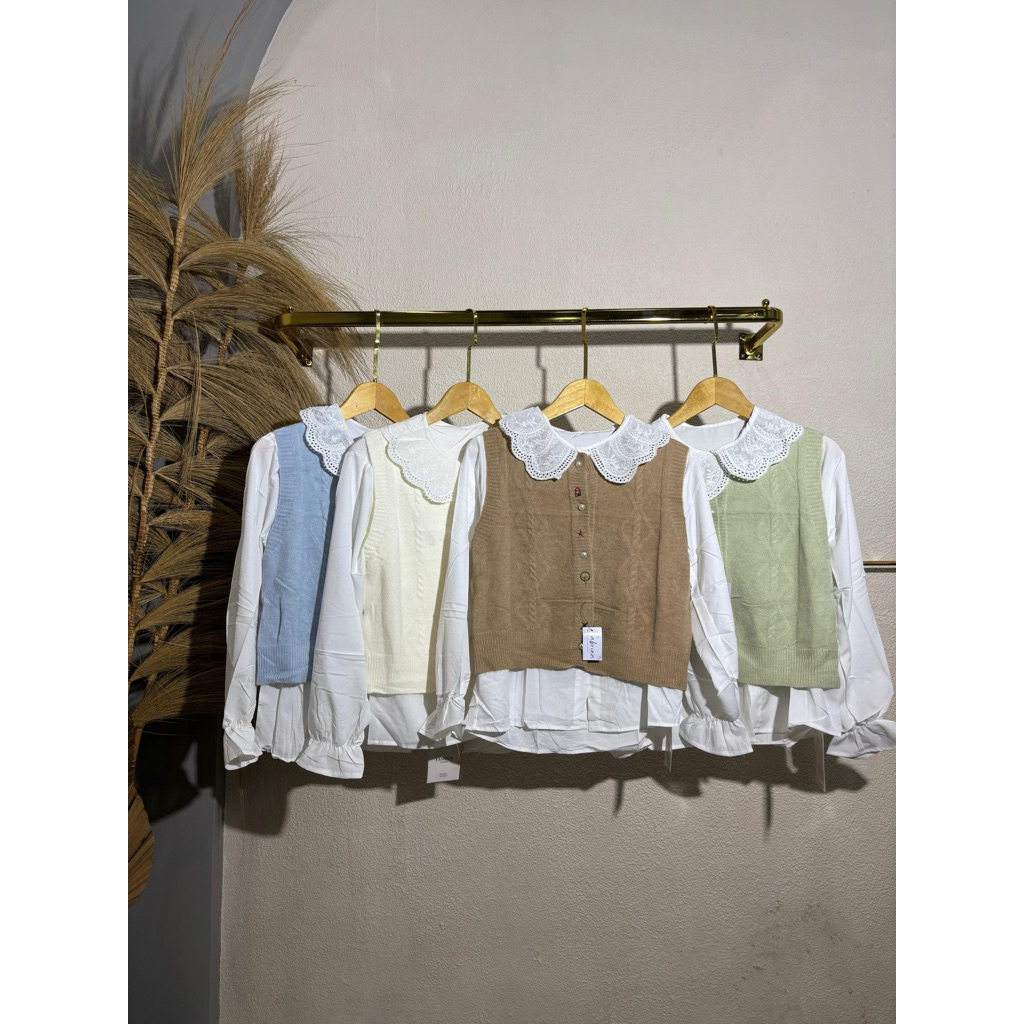 set kemeja vest rajut