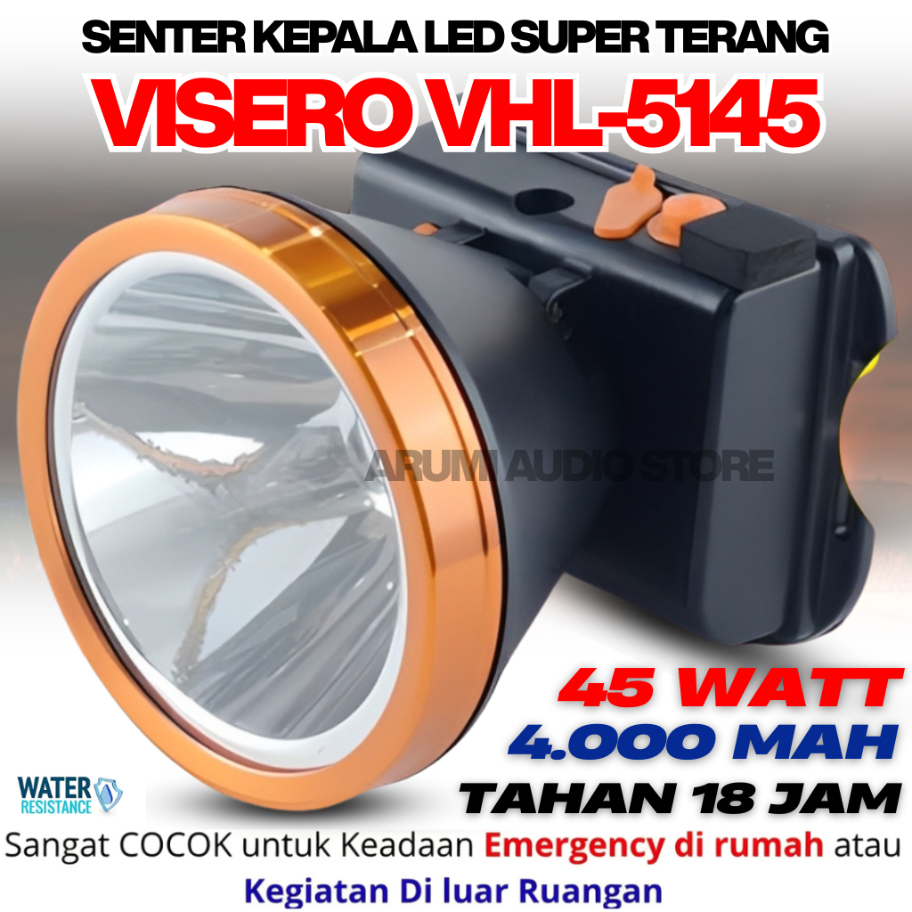 Visero Senter Kepala LED Super Terang VHL-5145 45W Cahaya Putih 4000mAh Tahan 18 Jam Cocok untuk Eme