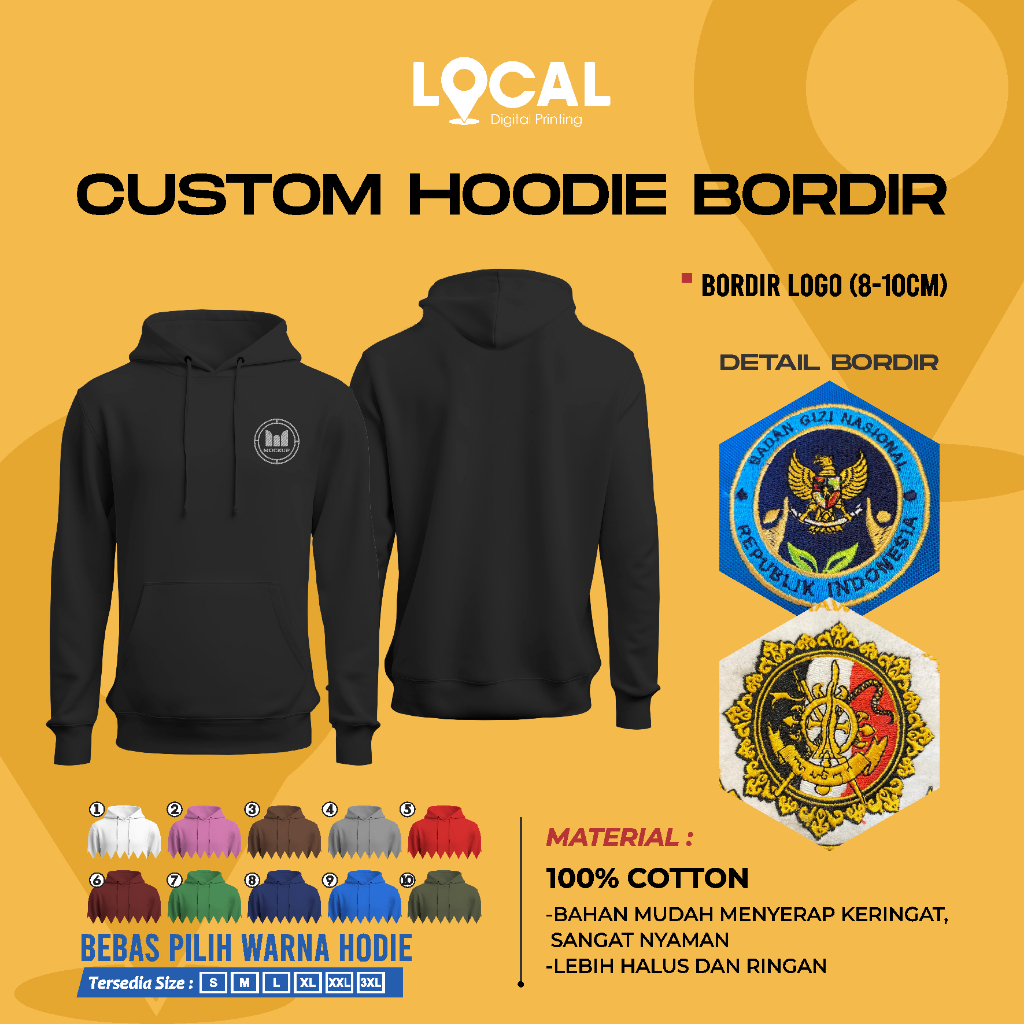 CUSTOM HOODIE JAKET BORDIR COTTON COMBED 30S SATUAN LUSINAN DESAIN BEBAS - Local Print