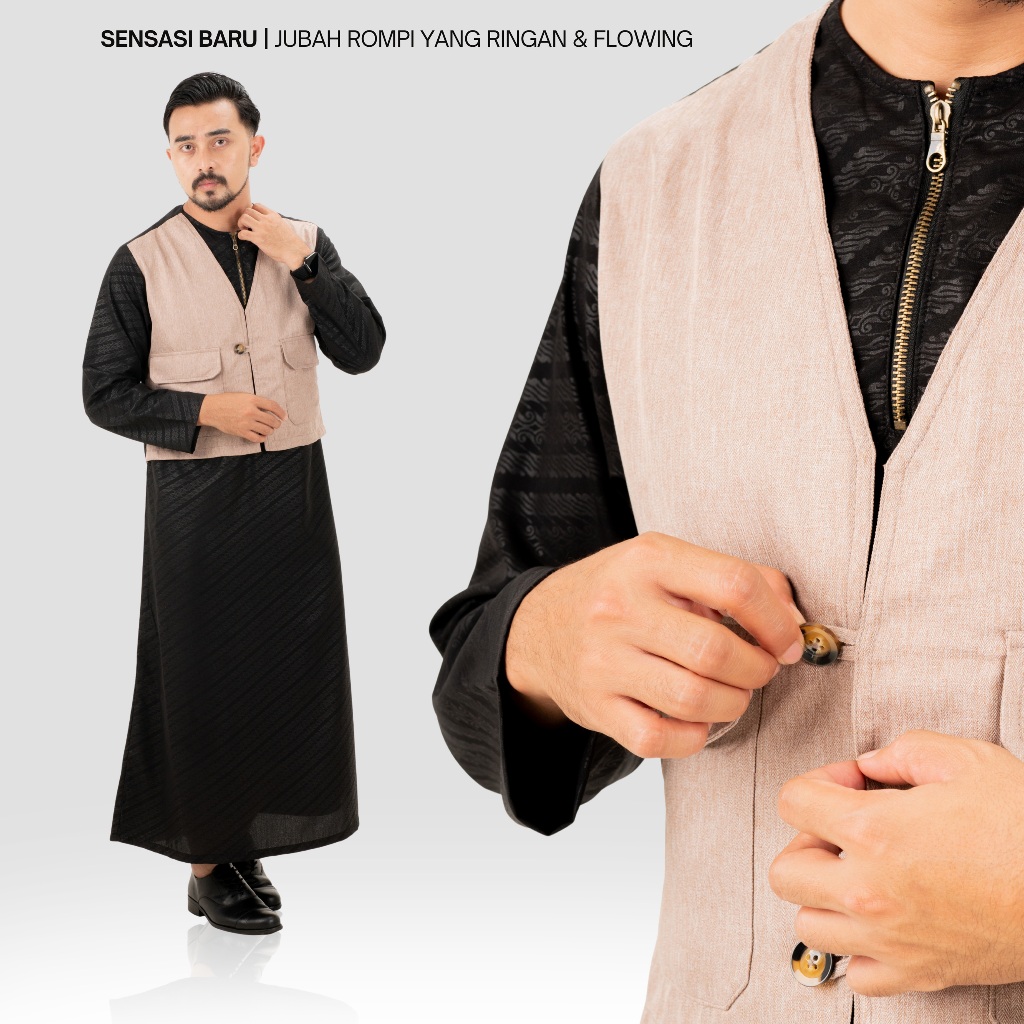 Hici Gamis Rompi Bungur Pria Menyatu Rompi dan gamis one set Bahan Wolfis embos