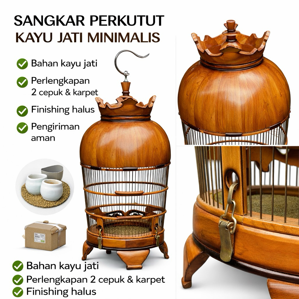 Sangkar Perkutut Jati Minimalis Jeruji Fiber | Bonus 2 Cepuk & Karpet