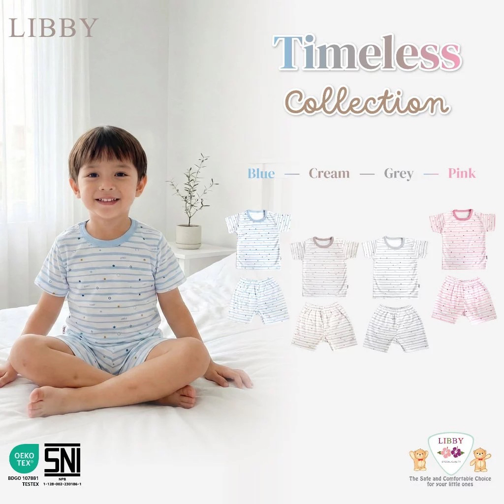 LIBBY Setelan Baju Pendek Anak Kecil Laki - Laki & Perempuan size M,L,2L,XL,XXL Motif Timeless Garis