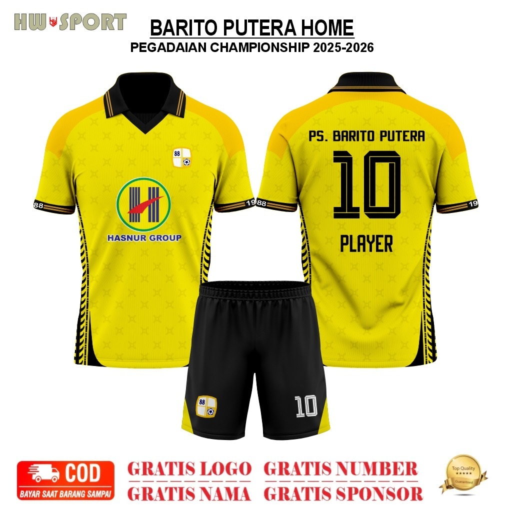 Custom Jersey BARITO PUTERA HOME KUNING Pegadaian Championship Terbaru 2025-2026 Full Printing Premi