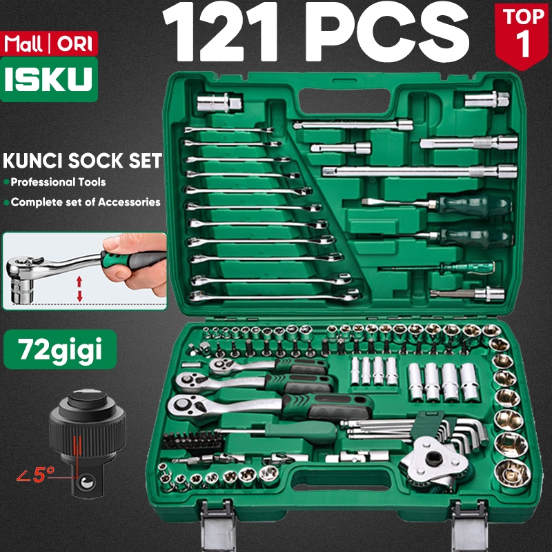 ISKU Tools Set 121pcs-72gigi kunci shock set lengkap Termasuk 1 set kunci pas ratchet Lengkap 72gigi