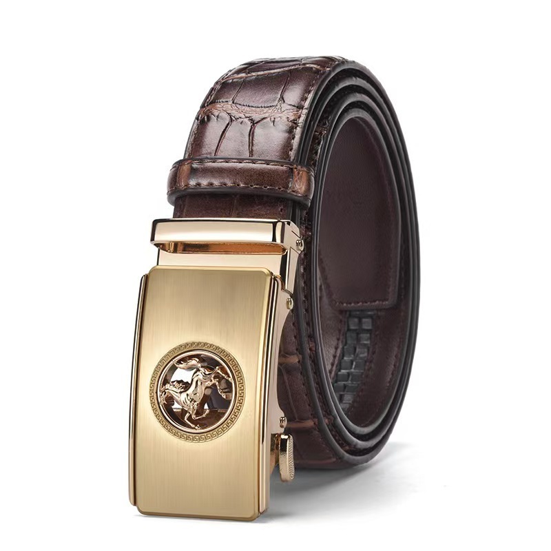 Sabuk kulit asli bermotif buaya untuk pria, sabuk kulit sapi dengan gesper otomatis, gesper sabuk ce