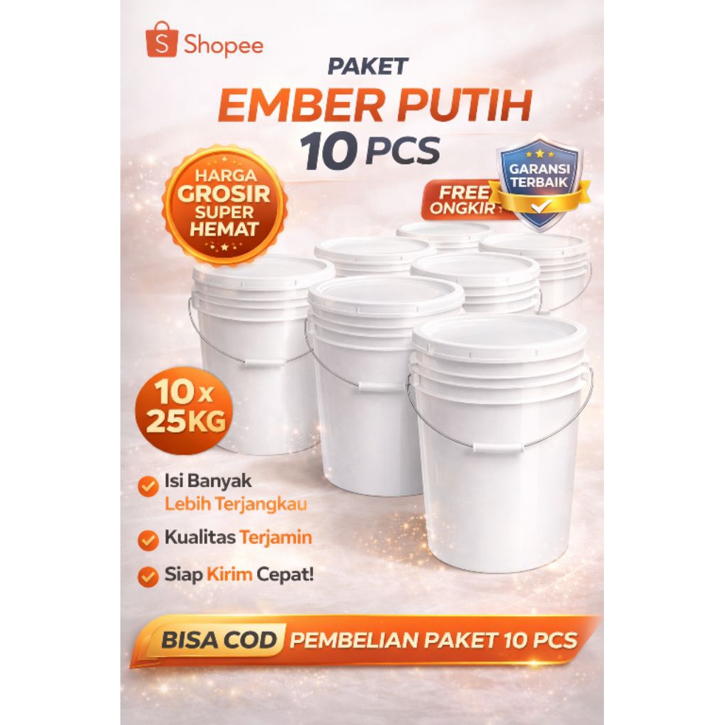 Paket 10 Pcs Ember Tutup 25 Kg atau 20 Liter putih polos bersih dan serbaguna dan awet