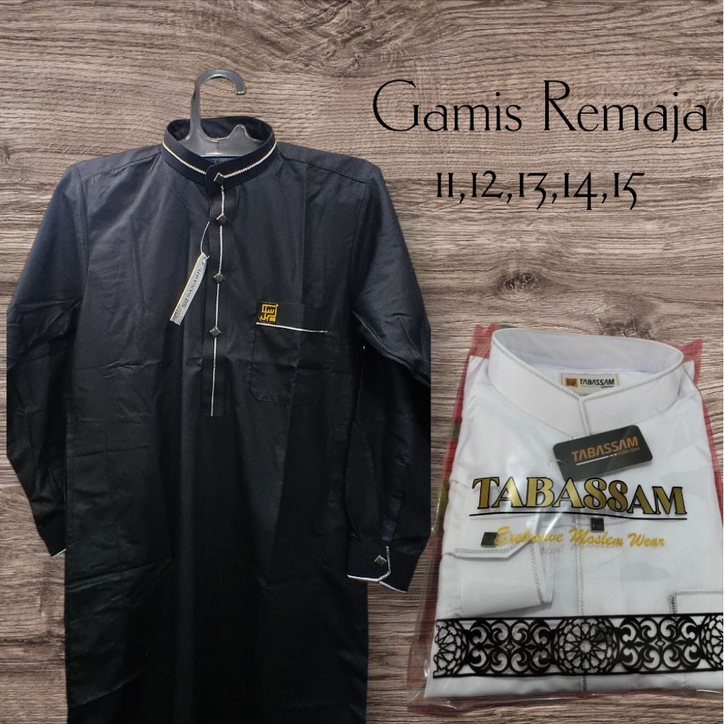 Jubah Gamis Anak Remaja Tabassam Putih & Hitam Kancing Thailand Jubah Anak Remaja Tabassam Sanabil M