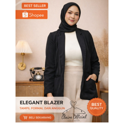 CLAIRE - Blazer Wanita Formal Polos Dengan Padding Bahu | Blazer Kerja Kantor Hijab Elegant Outer Wa