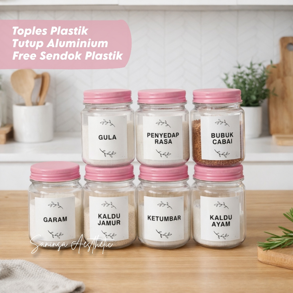 Toples Plastik Tempat Bumbu Dapur Bulat 200ml Tutup Aluminium Pink Aesthetic