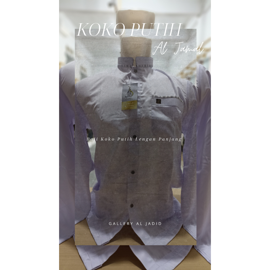 Baju Koko Pria Al Jamal Lengan Panjang Kerah Shanghai Putih | Koko Muslim Elegan