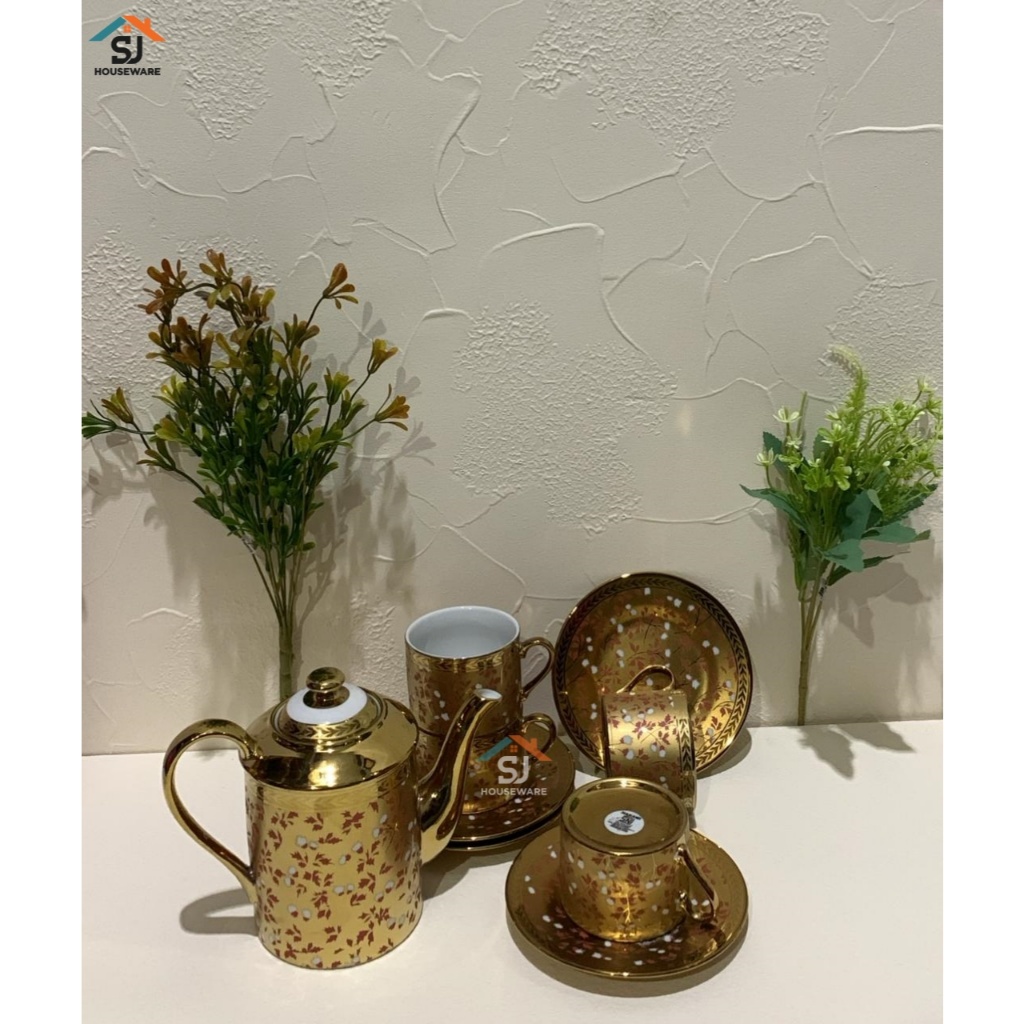 TEA SET NAKAMI (TEKO + 4 CANGKIR + 4 LEPEK) E223-RED  200ML BAHAN KERAMIK DESAIN ELEGANT