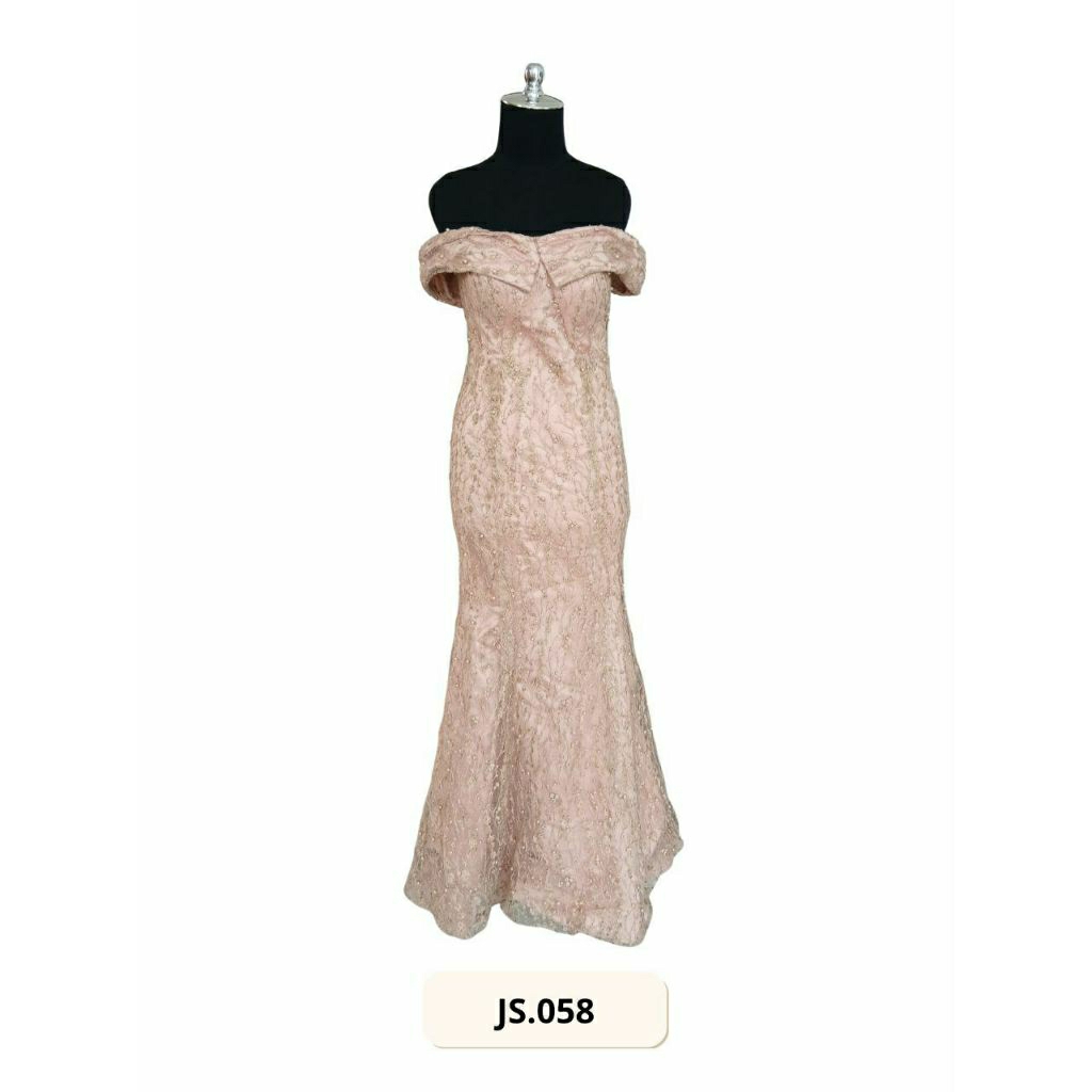GAUN PESTA PRELOVED WARNA ROSE GOLD DENGAN MODEL LENGAN SABRINA (JS.058)