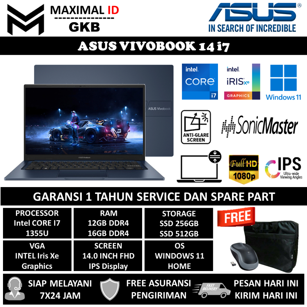 Laptop Asus VIVOBOOK 14 X1404VA Intel i7 1355U 16GB 512GB 14.0 FHD NP Windows 11 Home