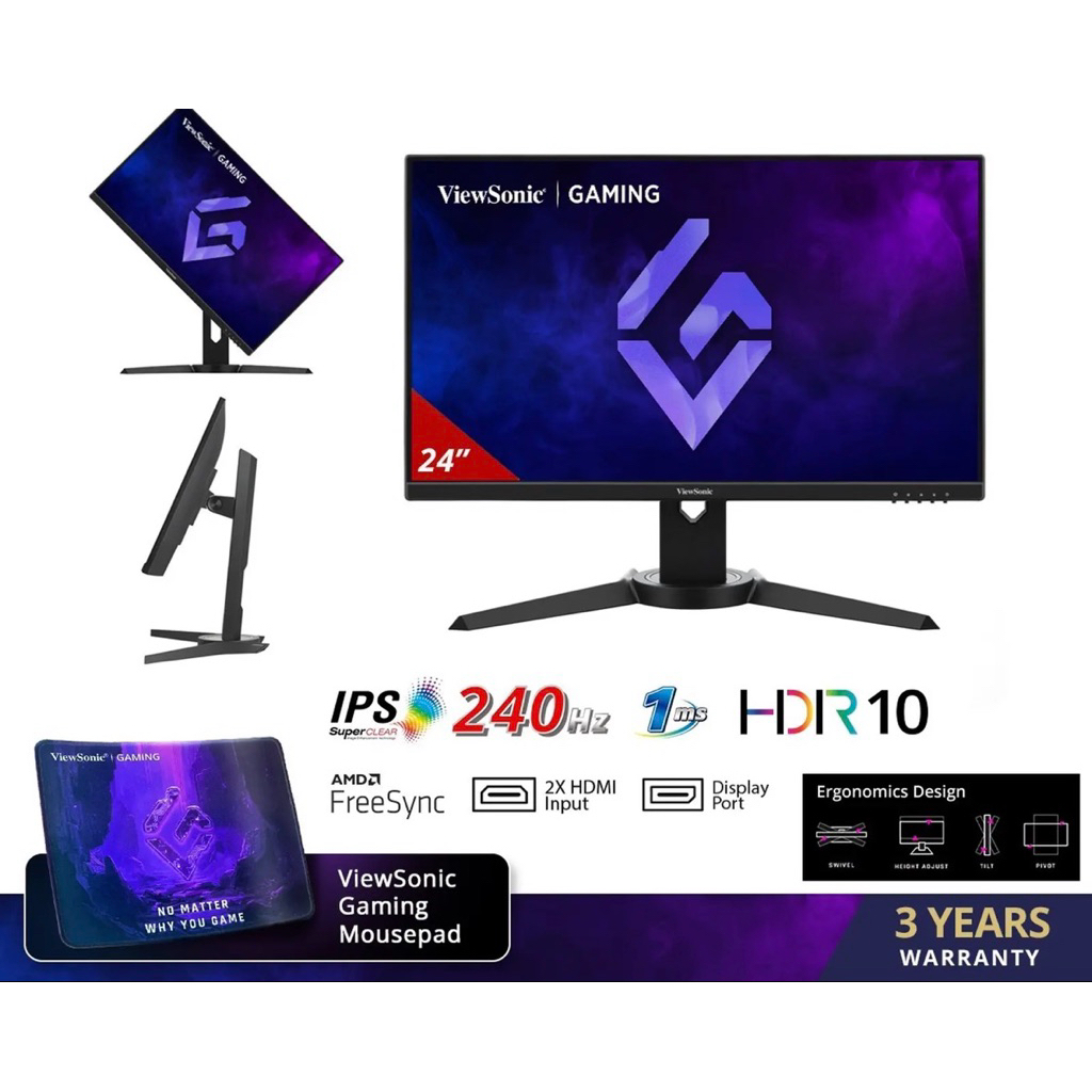 Monitor ViewSonic XG2409A 24"  IPS FHD 240Hz 1Ms Ergonomics