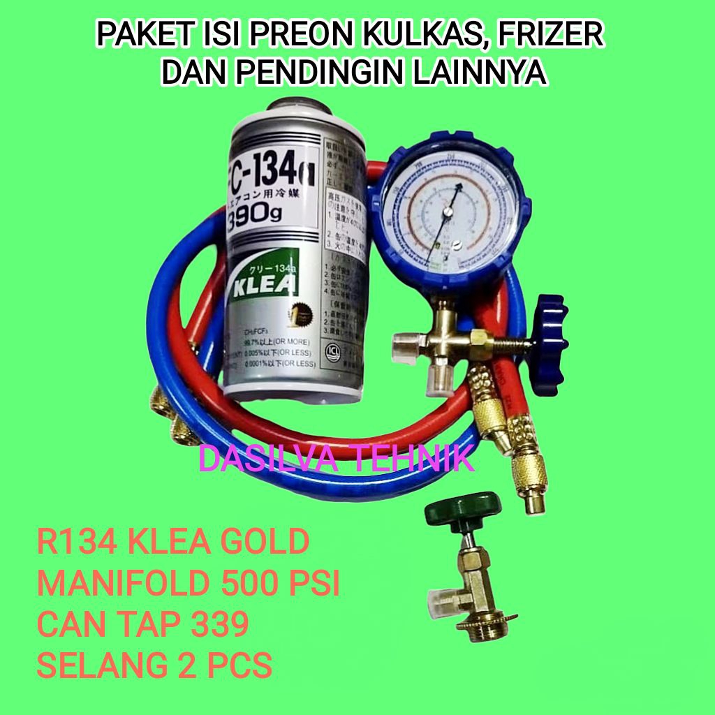 PAKET ISI PREON KULKAS R134  HFC KLEA GOLD # PERALATAN KOMPLIT TAMBAH / PENGISIAN  REFRIGERANT AC MO