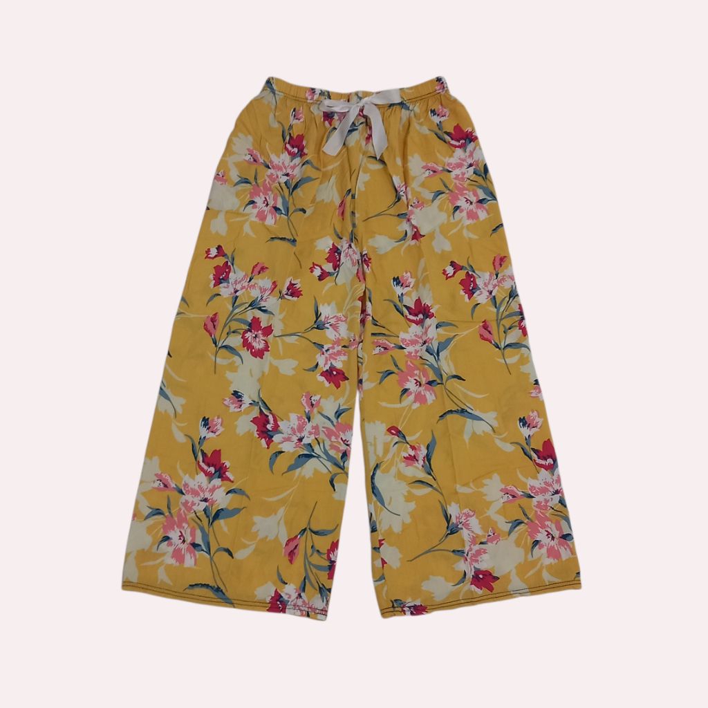 Celana Kulot Rayon Viscose High Waist Motif Bunga Floral Flower Wanita Aksen Pita Karet Pinggang Bal