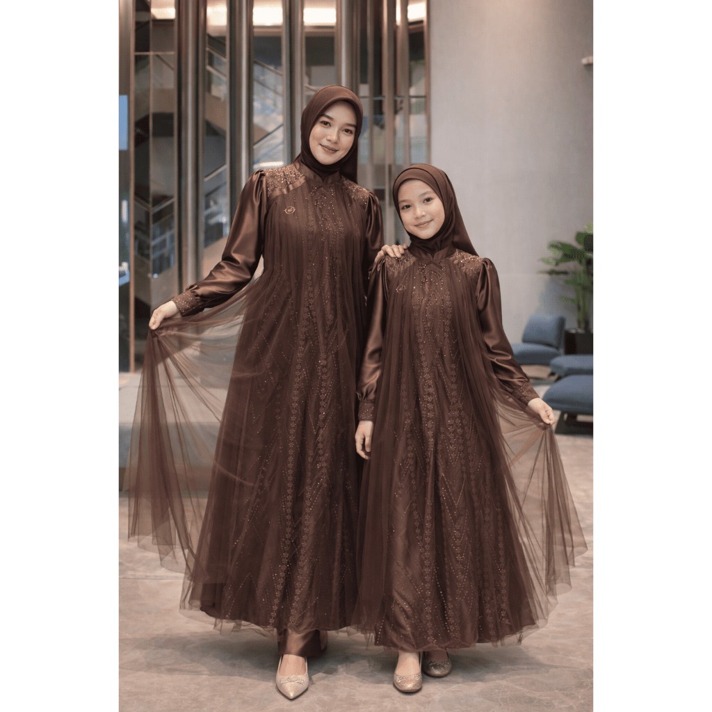 Gamis Couple Ibu dan Anak Terbaru LEYA COUPLE DRESS Baju Pesta Seragaman Model Brokat Mewah Ibu Anak