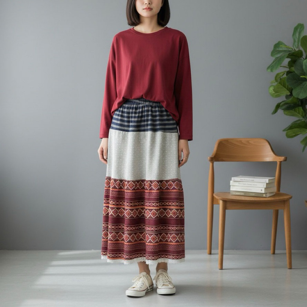 ROK KAOS RAJUT PANJANG MAXI BIRU GARIS SALUR ABU DOT MERAH TRIBAL RENDA KOREA IMPORT