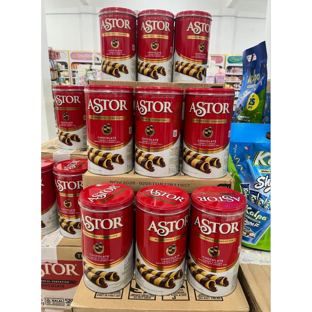 (Dus / 6 Kaleng) ASTOR WAFER STICK - DOUBLE COKLAT KALENG 330GR | ASTOR COKLAT | WAFER ROLLS