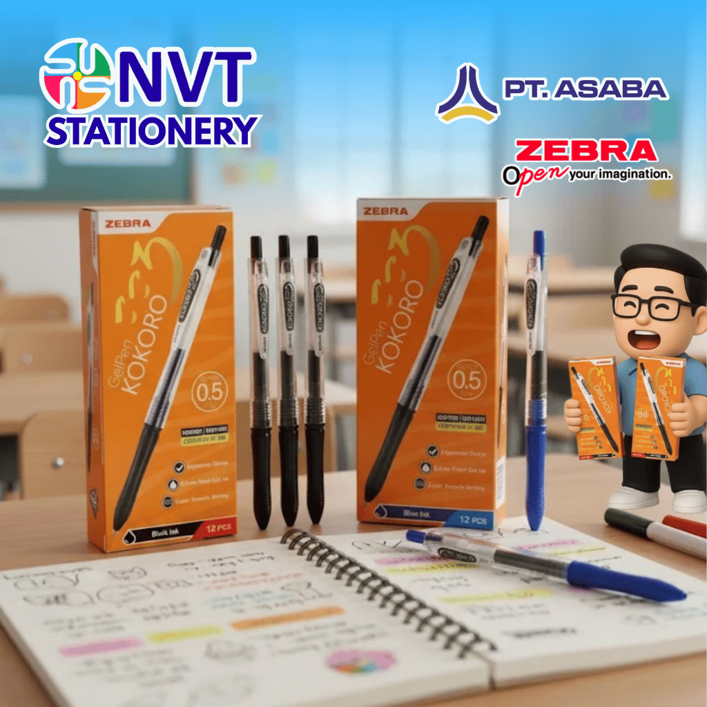 NVT - Bulpen/Bolpen/Pen/Pulpen Hitam dan Biru Kokoro Gel Zebra 0.5