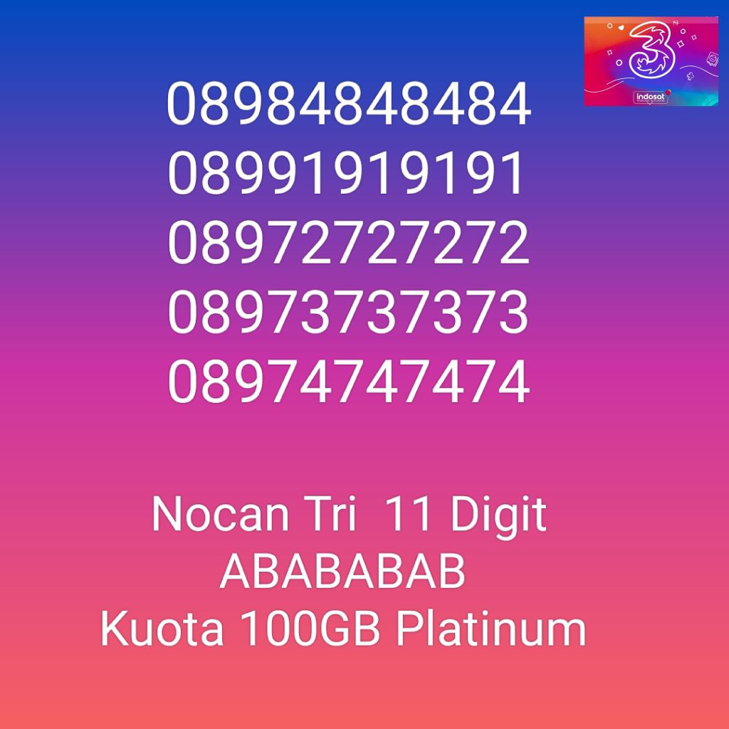 Nomor Cantik Nocan ABABABAB Kartu Perdana Tri Three 4G LTE Kuota 100GB Prabayar Platinum