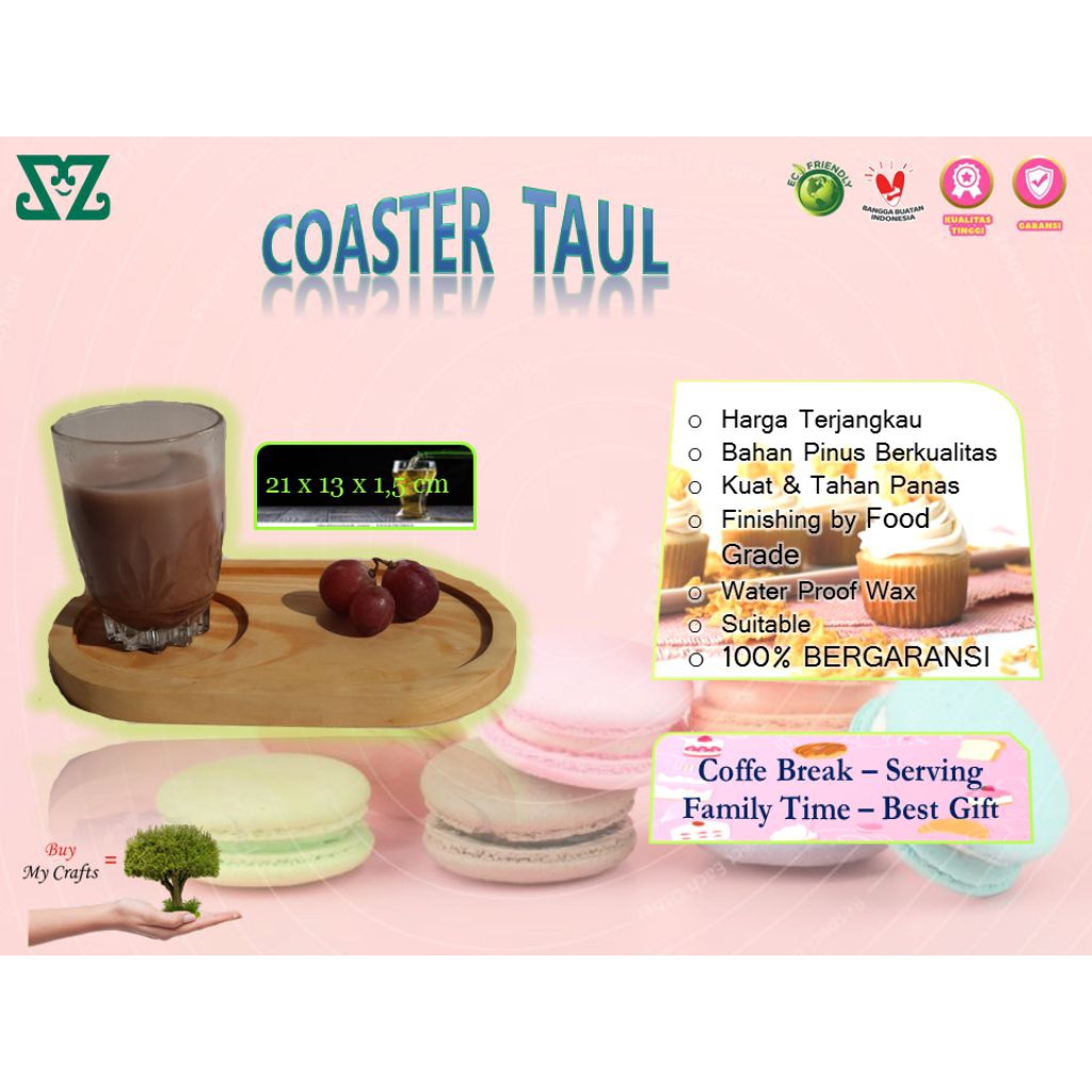 senthong coaster taul tatakan gelas dan kue coaster kayu Pinus food grade