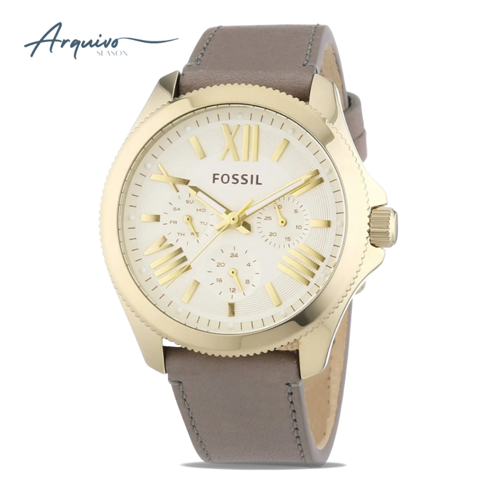 Jam Tangan Fossil Wanita Cecile Chronograph Champagne Dial Grey Leather Strap Casual Mewah Original 