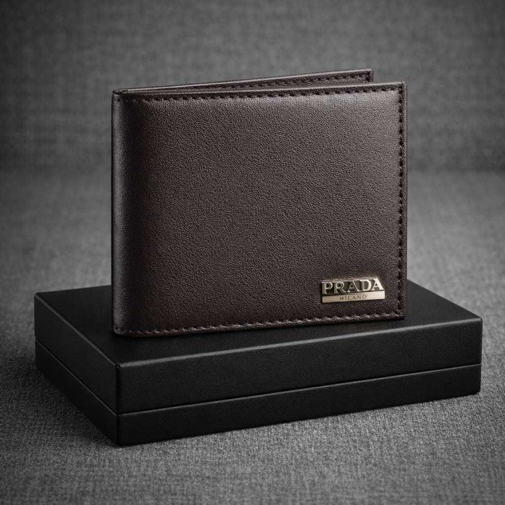 Dompet Pria + Box Dompet Kulit Lipat Dua Prada Hitam Coklat