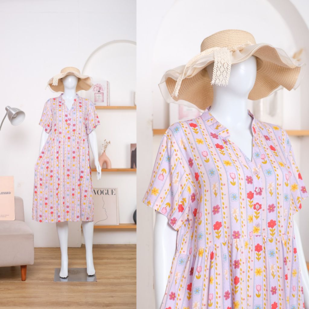 Meymoire.id - Noura Dress Daster Wanita Kerah Shanghai Jumbo Pendek Selutut Rayon Premium Adem Nyama