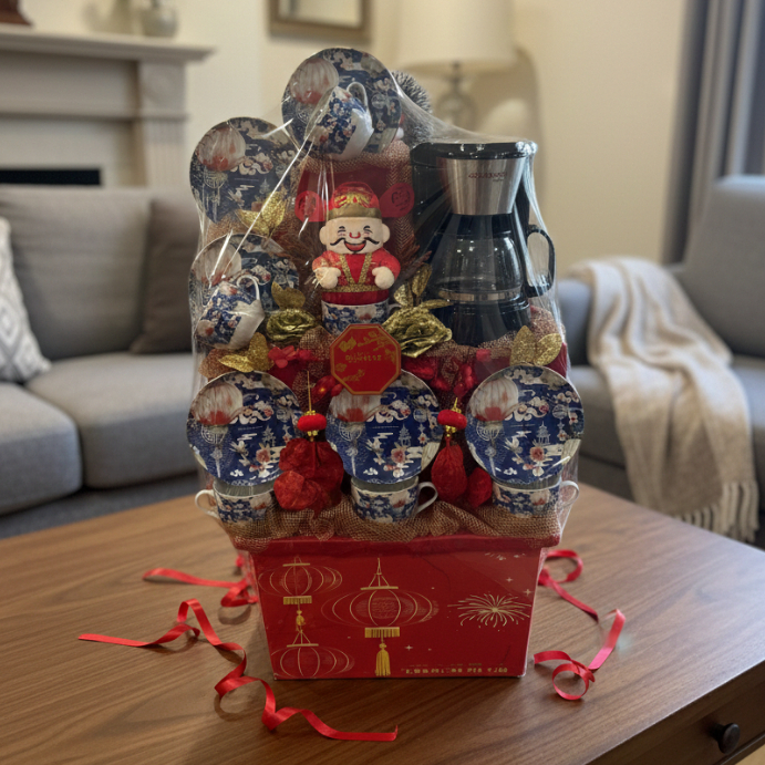 Parcel Tea Set Imlek + Coffee Maker Motif Pagoda Biru - Parcel Gelas - Parcel Piring