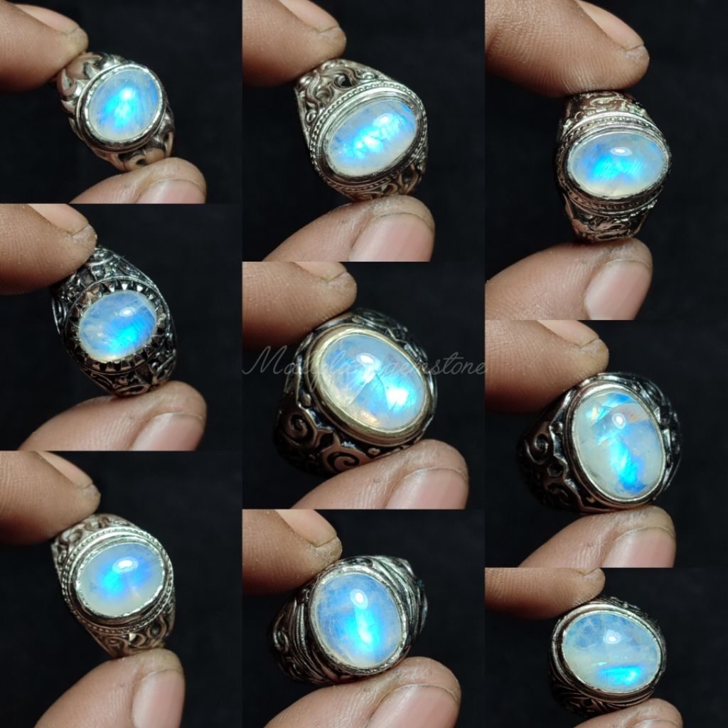 batu permata biduri bulan moonstone asli natural ring alpaka / batu biduri bulan air laut / natural 