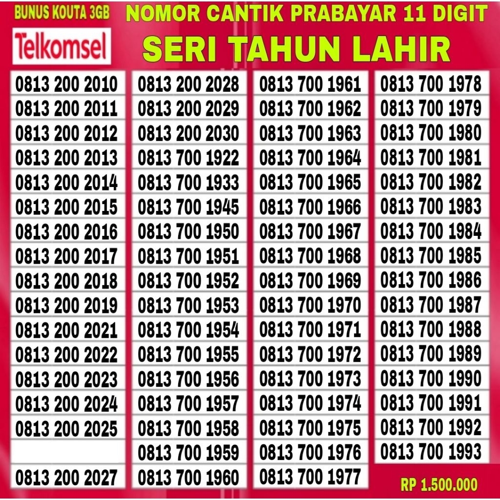 Nomor cantik kartu perdana telkomsel prabayar simpati 11 digit seri tahun lahir