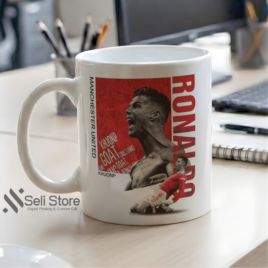 Mug Ronaldo Manchester United Gelas Cristiano Ronaldo CR7 MU Red Devil Face Art Kado Cowok Souvenir 