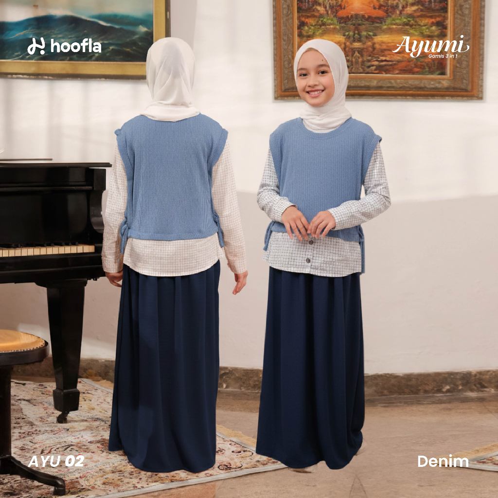 Hoofla Kids Ayumi Gamis Anak Perempuan Terbaru 3in1 Usia 3-12 Tahun Bahan Crinkle Premium Warna Deni