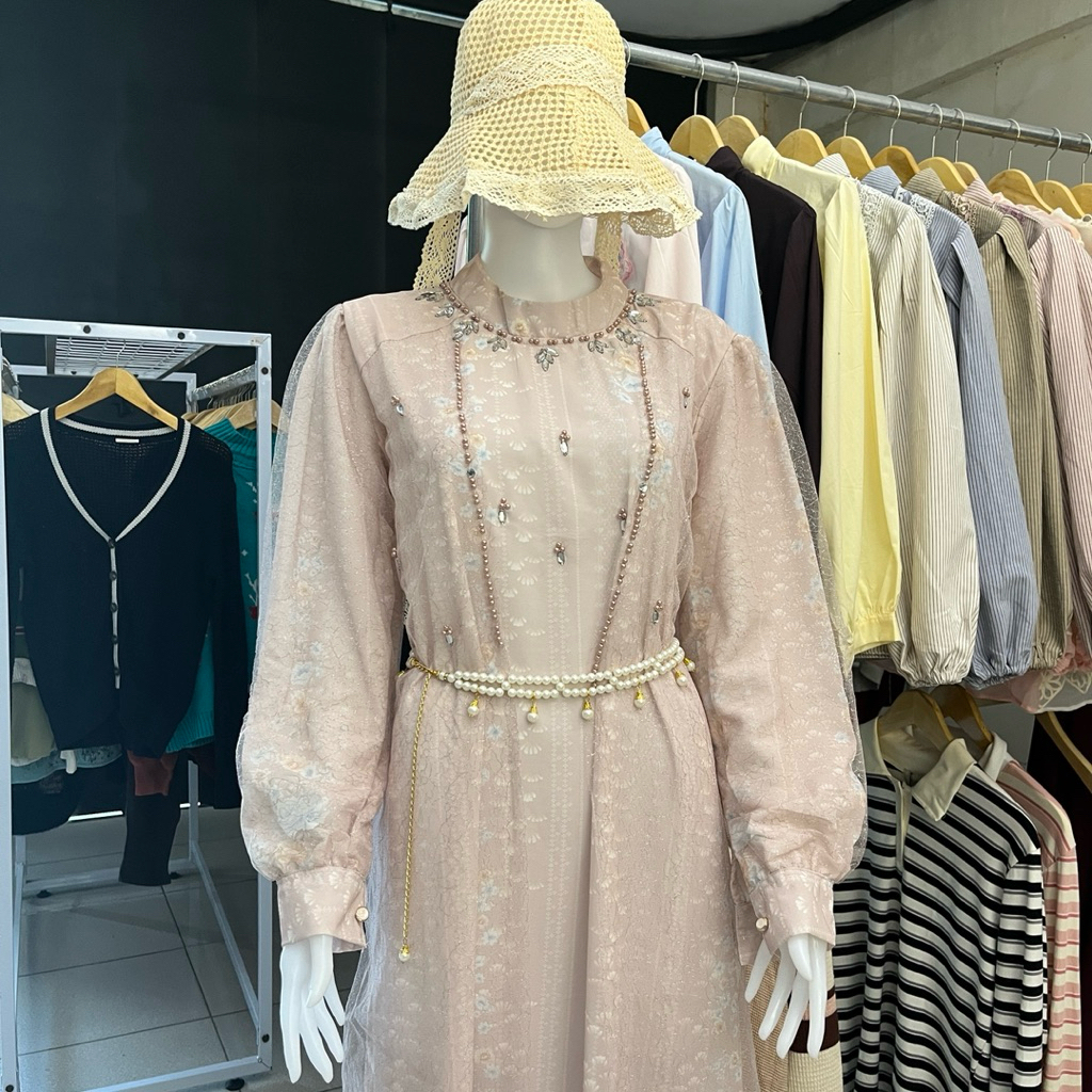 Mipidi | Yuna Dress bahan ceruty mix tille | Gamis wanita free belt