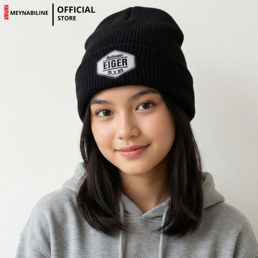 AUTHENTIC EIGER 1989 Bordir Topi Kupluk Rajut Beanie Hat Pria/Wanita Tebal Premium V1 Hitam Putih