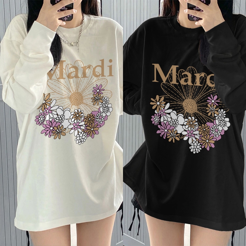 MONSEUR Kaos Lengan Panjang Wanita Gaya Korea Dengan Motif Bunga Daisy/Atasan Longgar Lengan Panjang