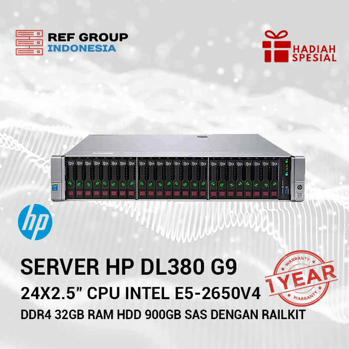 Server HP ProLiant DL380 G9 24x2.5" CPU Intel E5-2650V4 DDR4 32GB RAM HDD 900GB SAS dengan Railkit