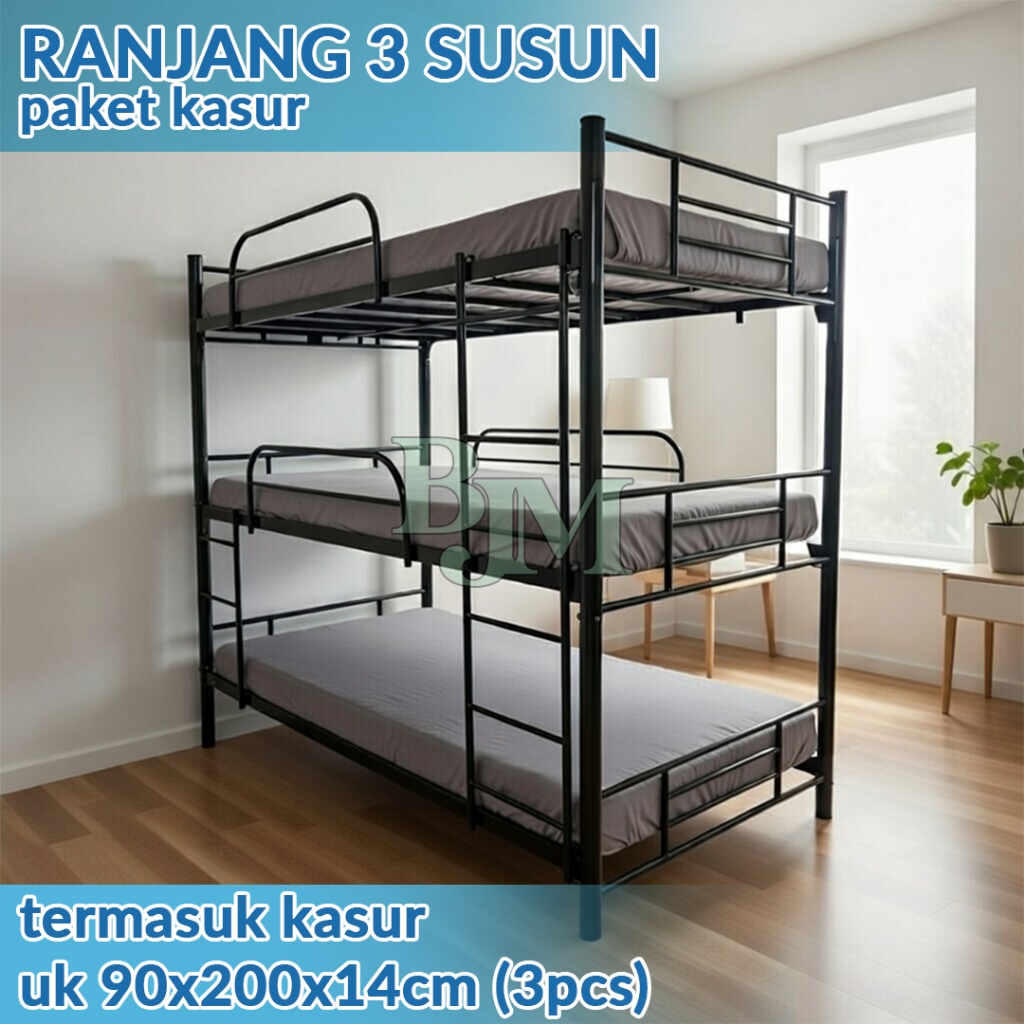 tempat tidur tingkat  3 susun ranjang susun besi bunk bed ranjang besi