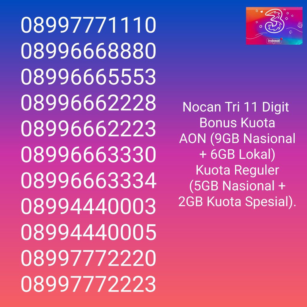 NOCAN Nomor Cantik 11 Digit Kartu Perdana 3 Tri Three 4G LTE Kuota 3GB REGULER