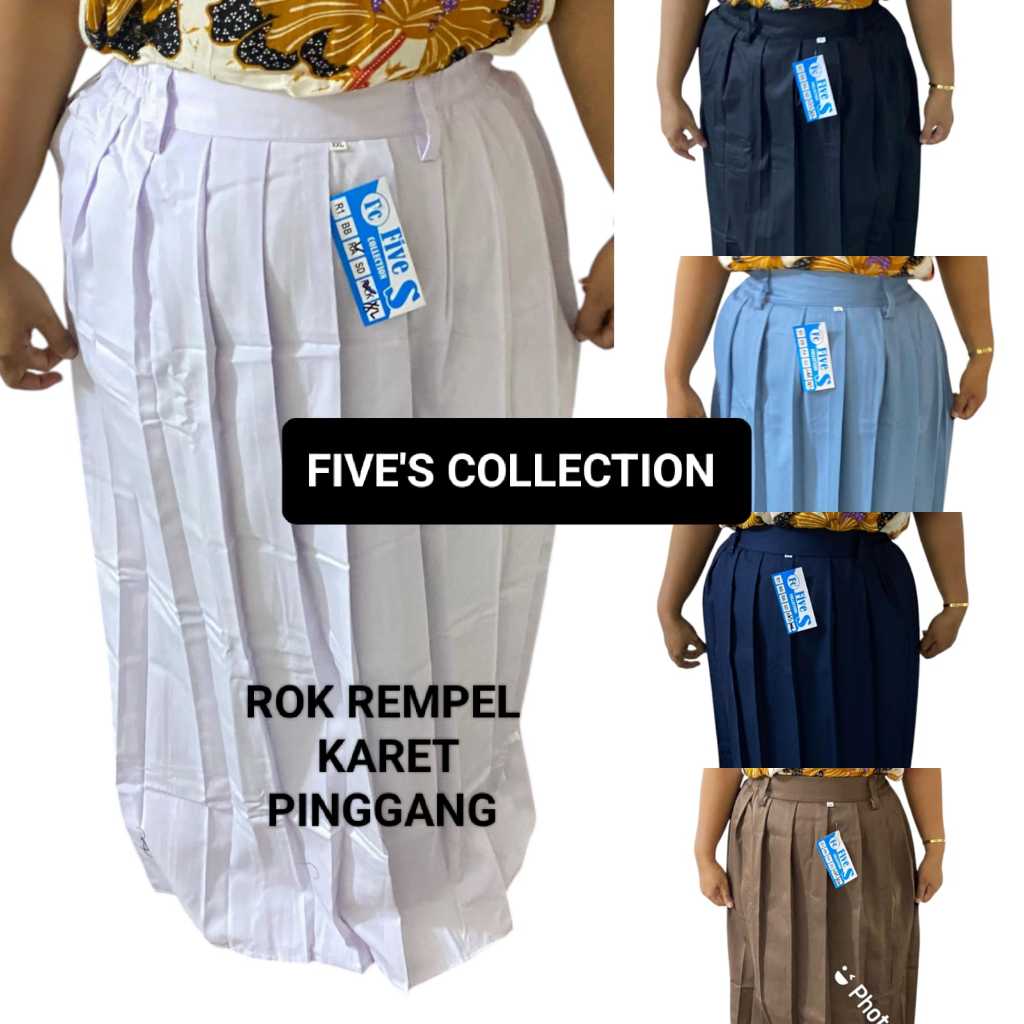 FIVES COLLECTION Rok Rempel Karet pinggang Seragam Sekolah SMP SMA Rok Panjang Rempel Lipat Biru Abu