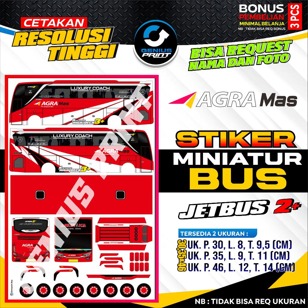 Stiker A3 Miniatur Bus [ JETBUS 2 ]  Livery Dewi Sri | Sumber Jaya | Agra Mas | Dedy Jaya | Harapan 