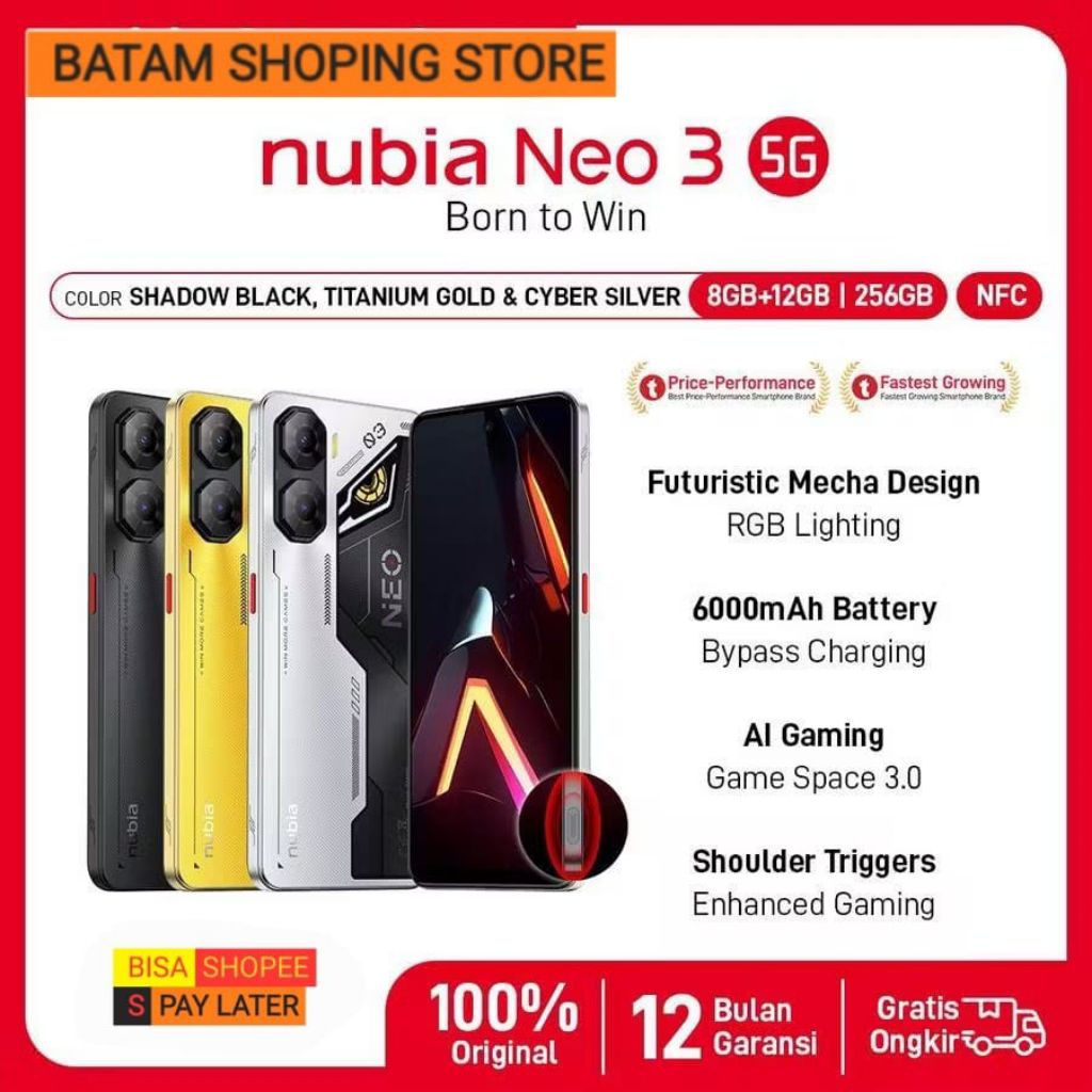 NUBIA NEO 3 5G NFC RAM ( 8GB+12GB ) + ROM 256GB [ GAMING T8300 5G ] GARANSI RESMI