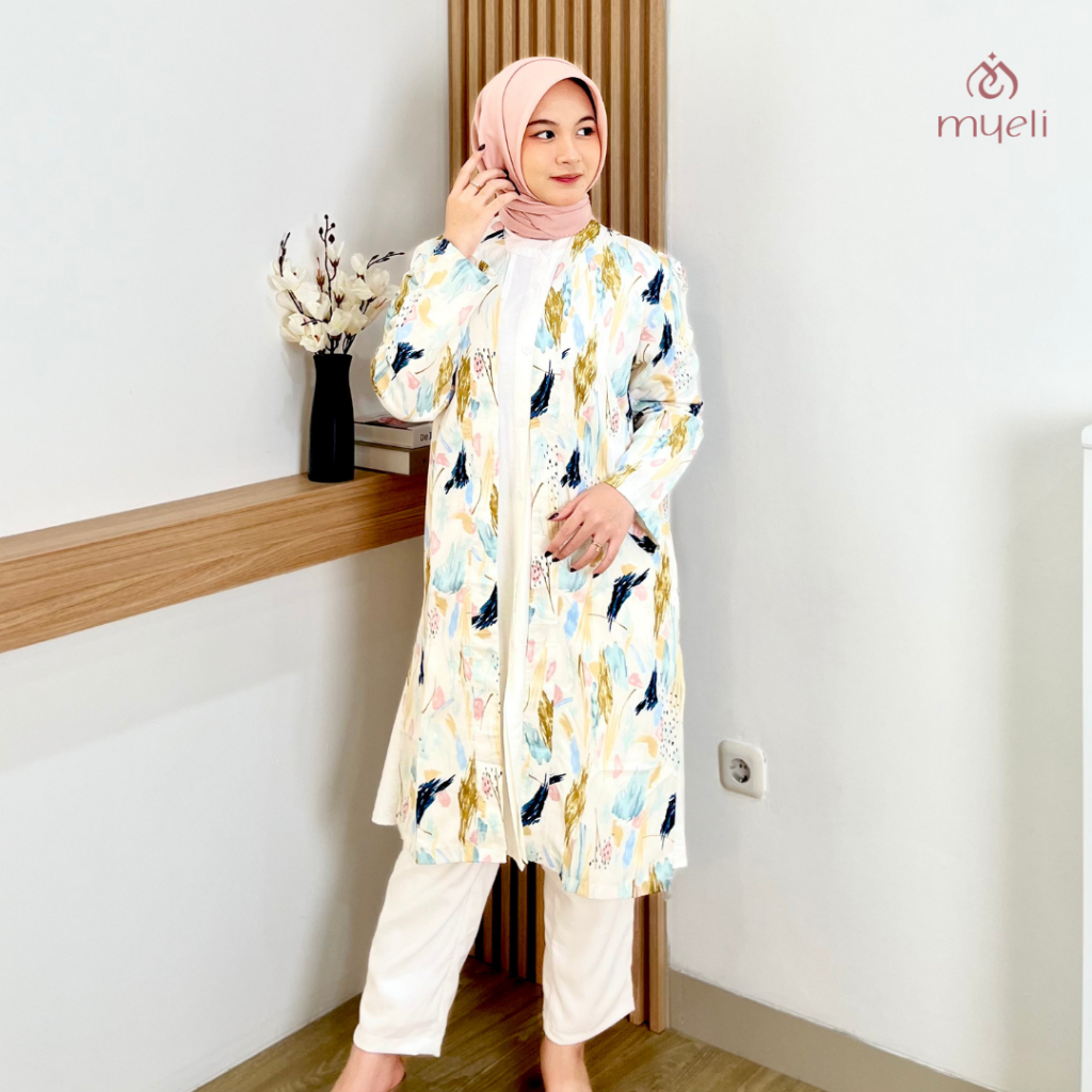Myeli Atasan Wanita Long Outer Blazer Cardigan Motif Wanita Kekinian